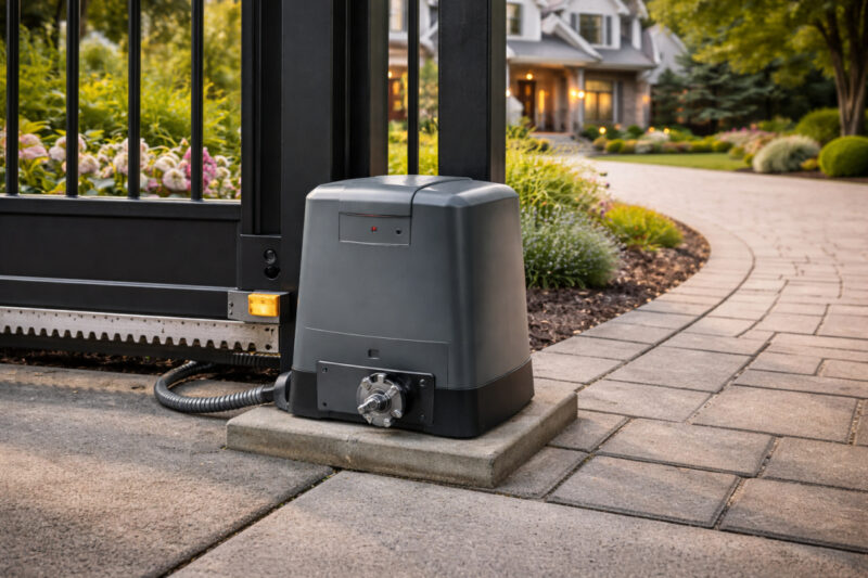 Automatizovani motor za kliznu kapiju montiran uz metalnu kapiju na ulazu u dvorište porodične kuće