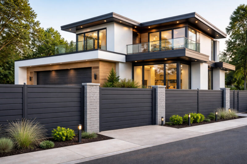 Moderna porodična kuća sa ravnim krovom i velikim staklenim površinama, okružena tamnosivom PVC ogradom i uređenim dvorištem