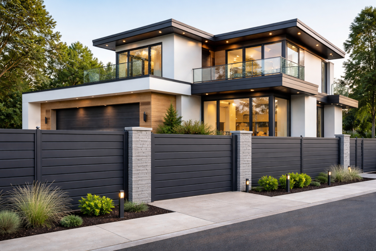 Moderna porodična kuća sa ravnim krovom i velikim staklenim površinama, okružena tamnosivom PVC ogradom i uređenim dvorištem