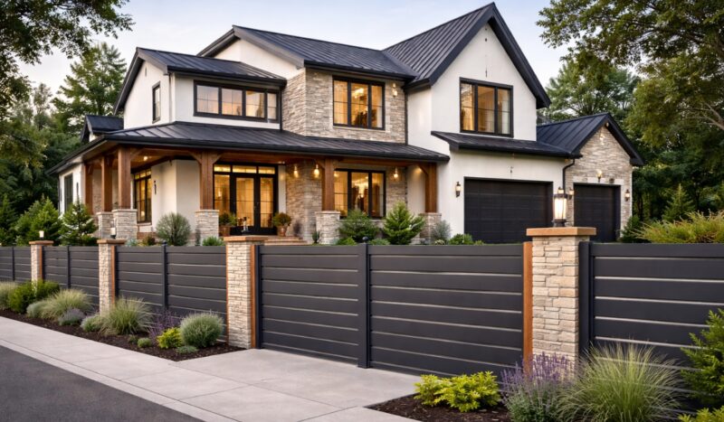 Moderna porodična kuća u farmhouse stilu sa dvovodnim metalnim krovom, kamenom fasadom i tamnom panelnom ogradom