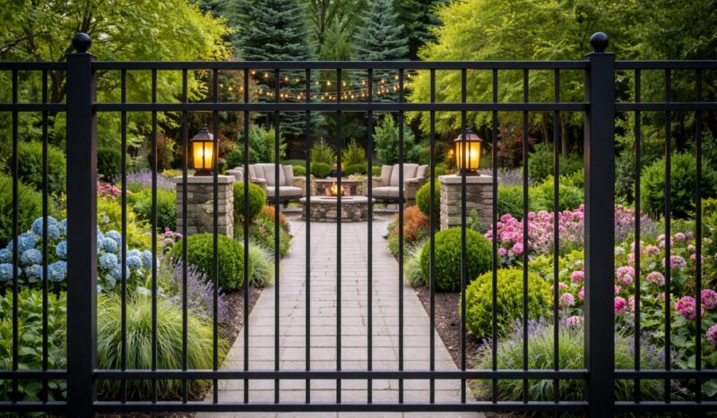 Crna rešetkasta metalna ograda ispred uređenog dvorišta sa popločanom stazom, cvetnim lejama i ambijentalnim osvetljenjem