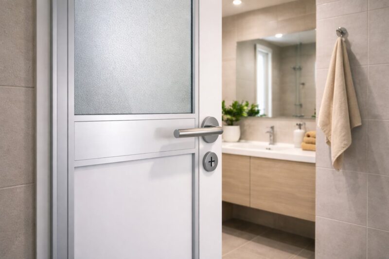 Aluminijumska vrata za kupatilo koja su otvorena, a u pozadini se vidi sredjeno moderno malo kuaptilo