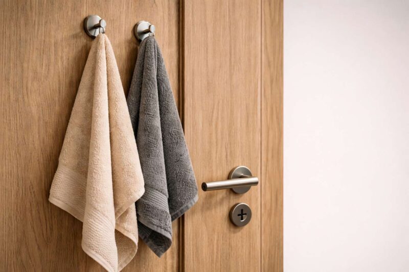 Drvena vrata u kupatilu na koja su okacena dva peskira