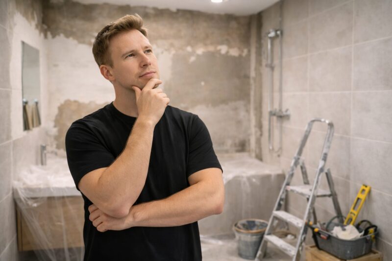 Covek razmislja koja vrata da izabere u renoviranom kupatilu